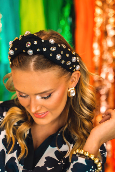 Black Twill Headband with Large Pearls and Crystals