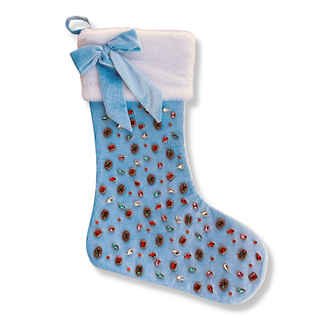 Light Blue Bejeweled Velvet Christmas Stocking with Bow