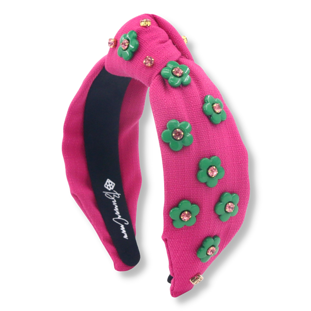 Adult Size Magenta Twill Headband with Green Flowers