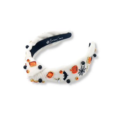 Child Size White Headband with Halloween Embroidery, Charms & Crystals