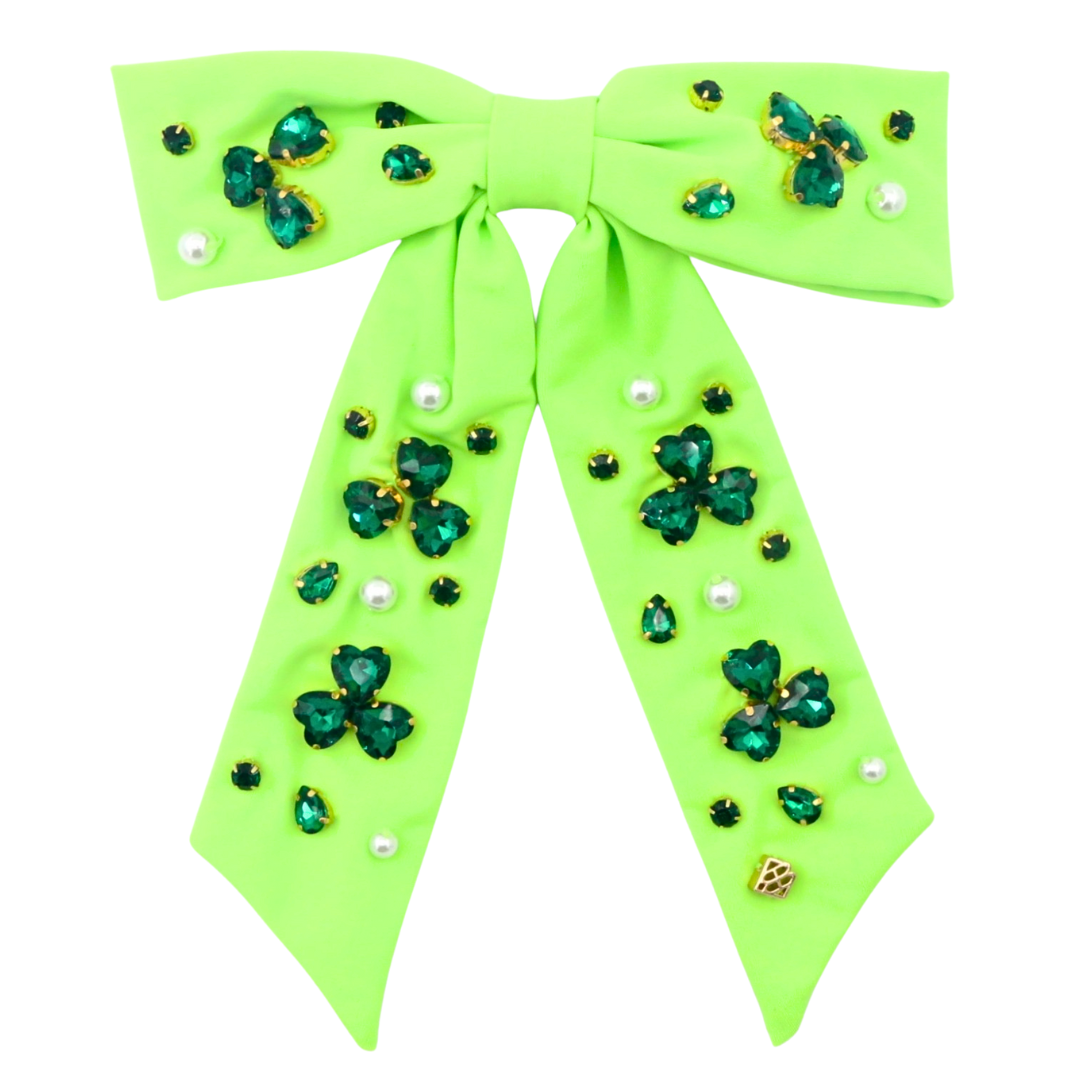 Neon Green Shamrock Crystal Bow Barrette