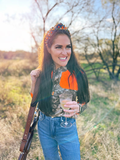 Adult Size Camo Headband with Orange Crystals