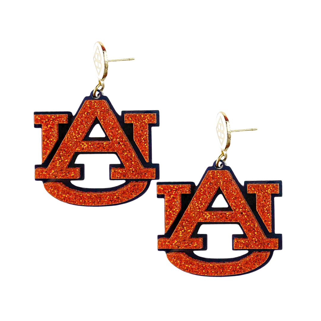 Auburn Orange Glitter & Navy AU Logo Earrings