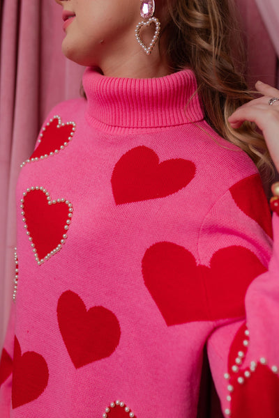 Pink Sweater Tunic with Red Hearts and Pearls