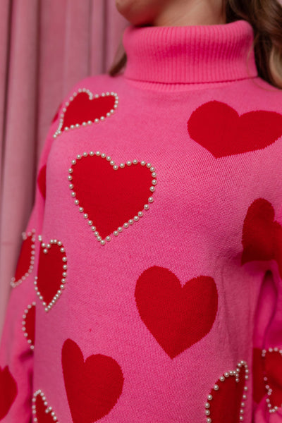 Pink Sweater Tunic with Red Hearts and Pearls