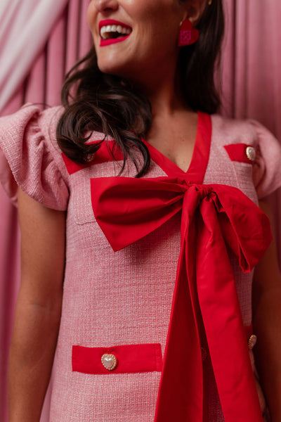 Pink Tweed Dress with Red Bow