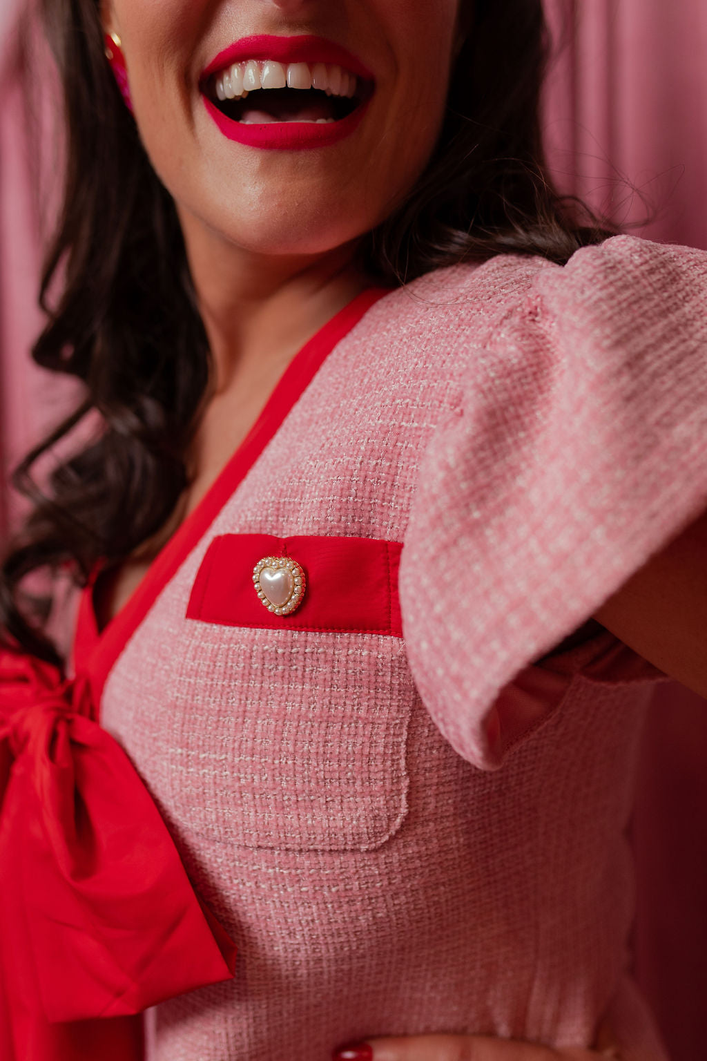 Pink Tweed Dress with Red Bow