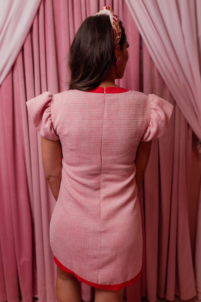 Pink Tweed Dress with Red Bow