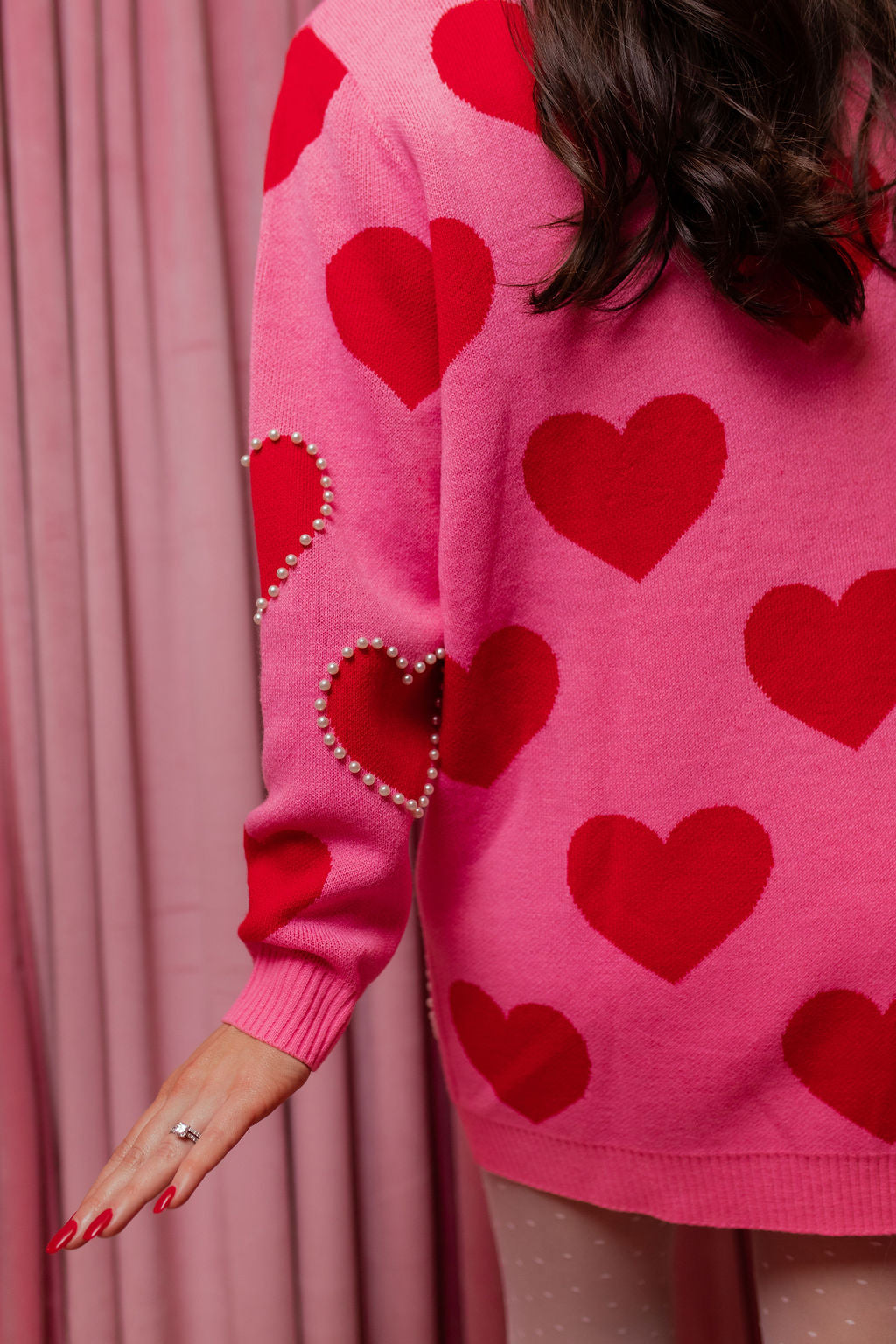 Pink Sweater Tunic with Red Hearts and Pearls