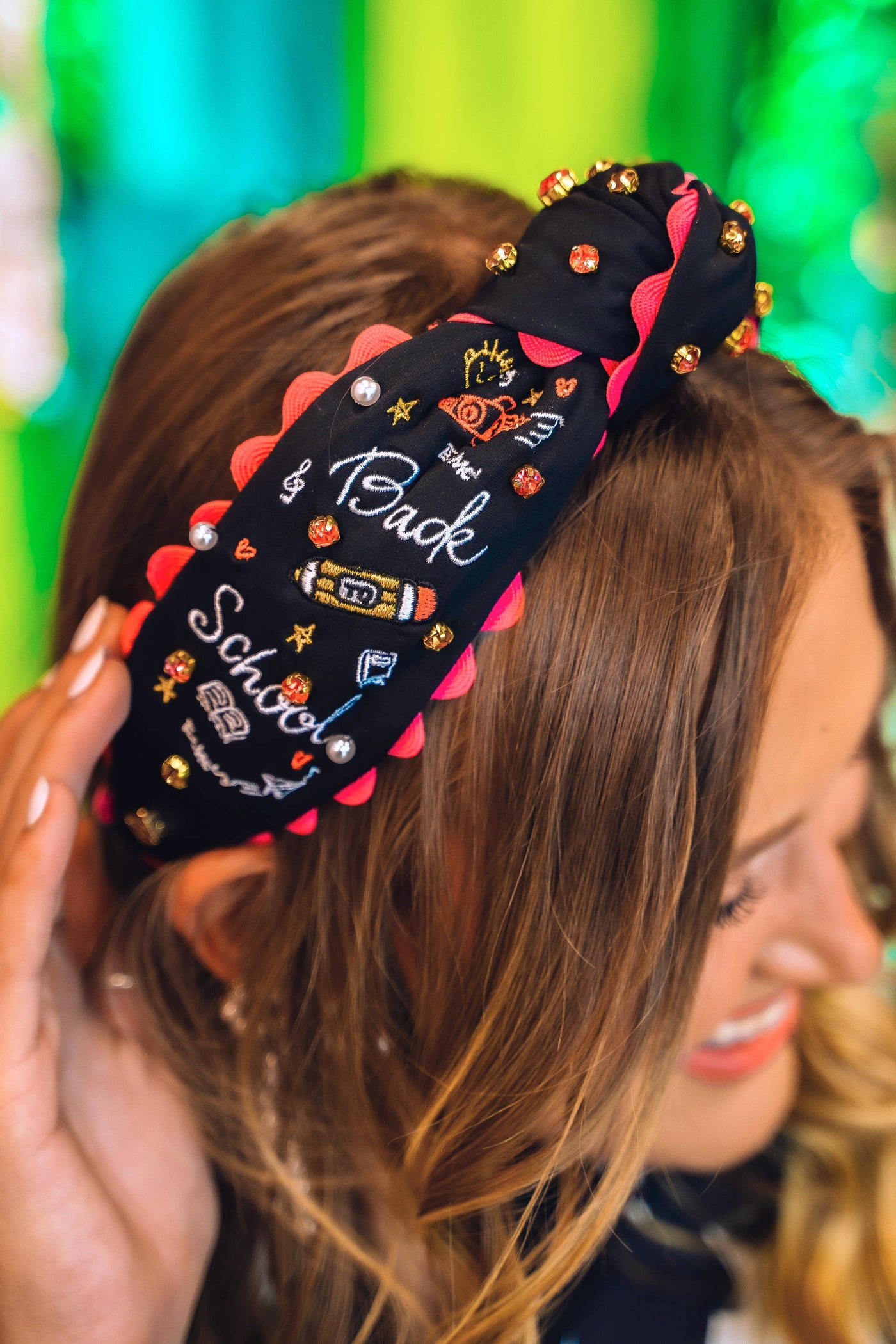 Black Embroidered Back to School Headband with Crystals