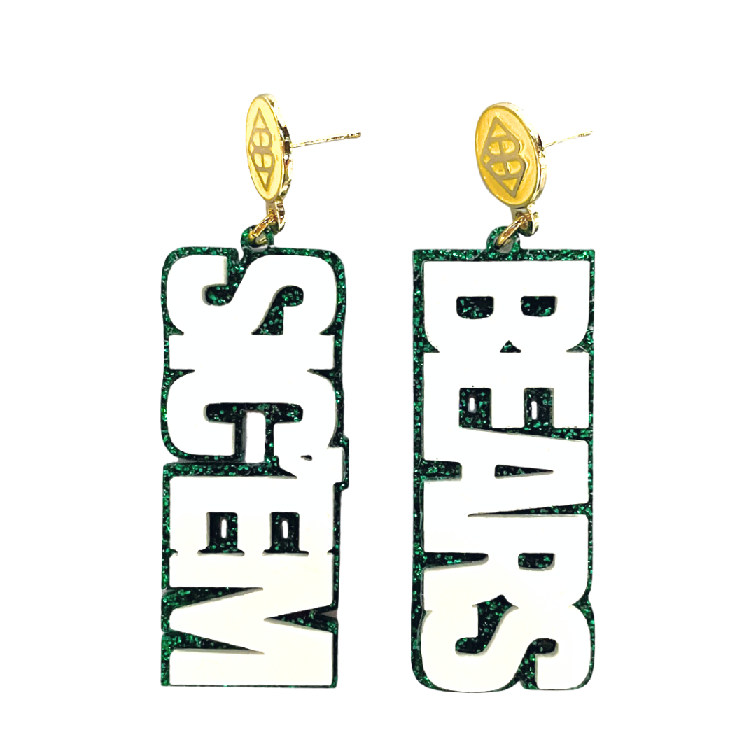 Baylor White and Green Glitter Sic'Em Bears Earrings