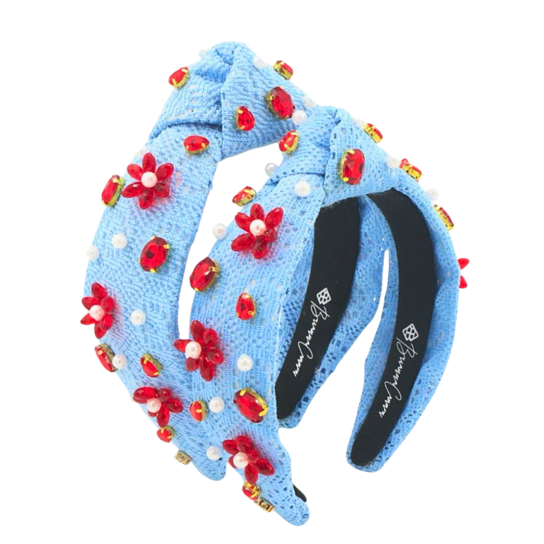 Adult Size Powder Blue Crochet Headband With Red Flowers & Pearls