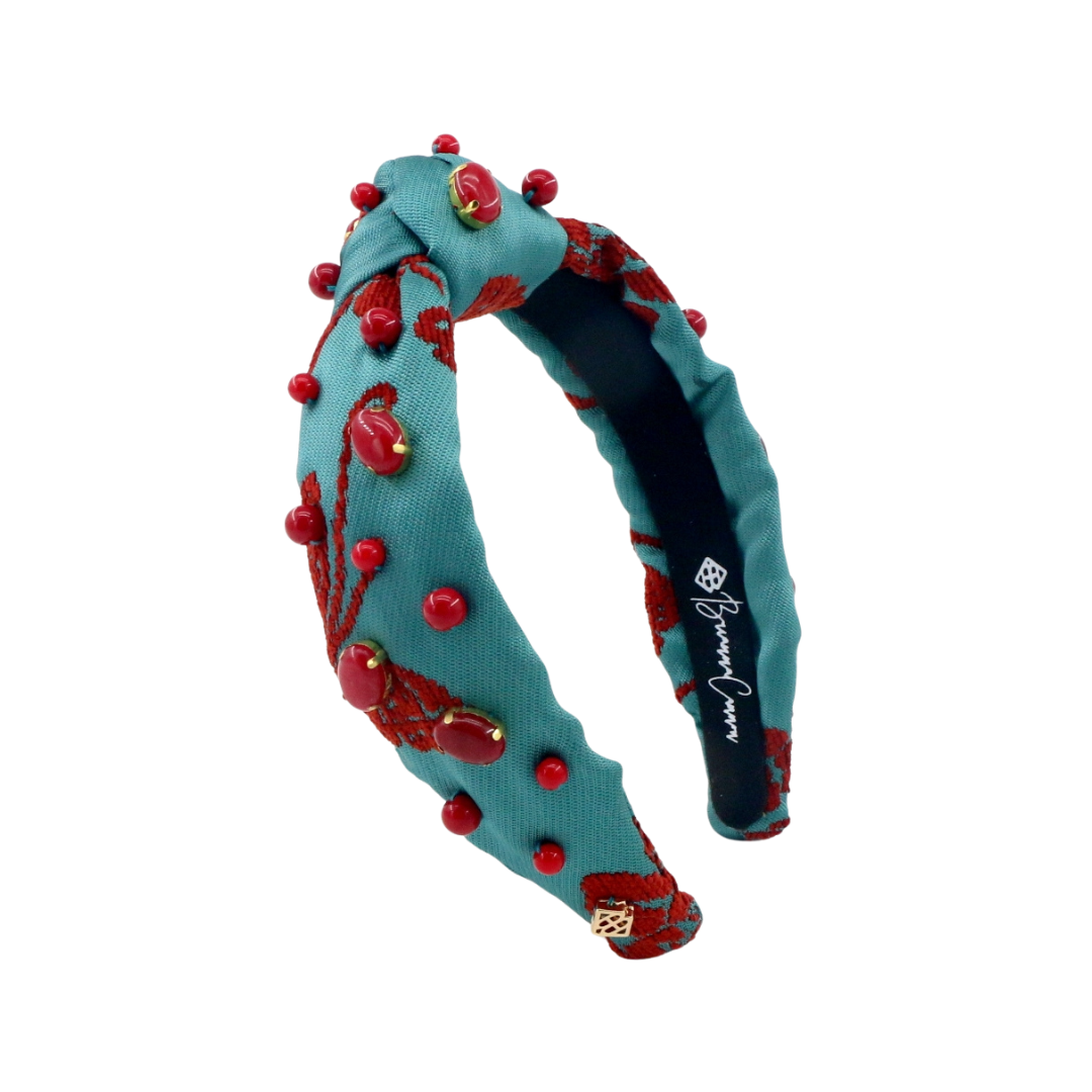 Child Size Teal Headband With Red Floral Embroidery and Stones