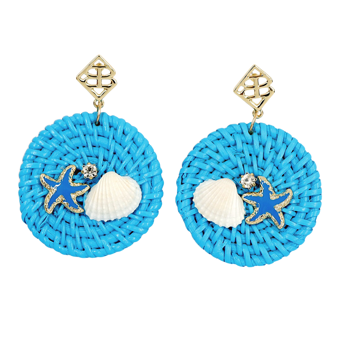 Beach House Rattan Earrings in Blue