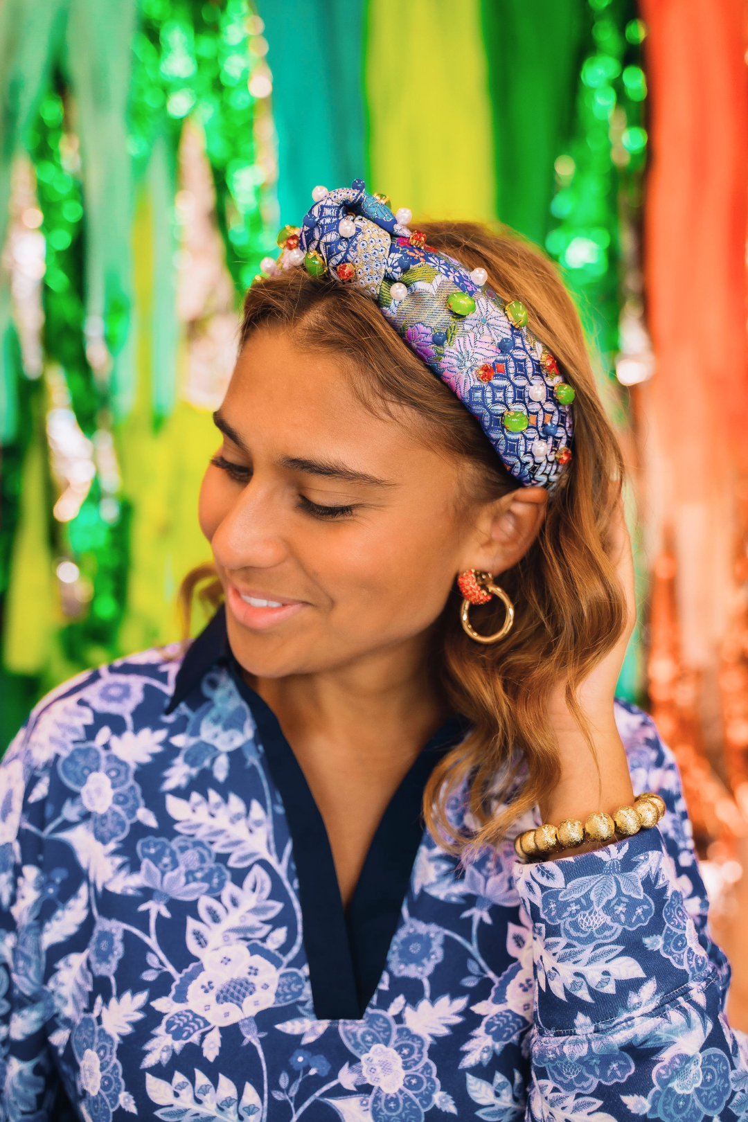 Adult Size Blue & Gold Floral Silk Headband with Cabochons & Crystals