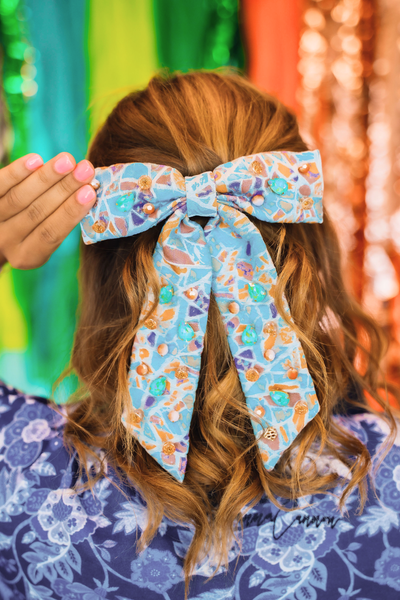 Mosaic Bow Barrette With Blue & Orange Crystals