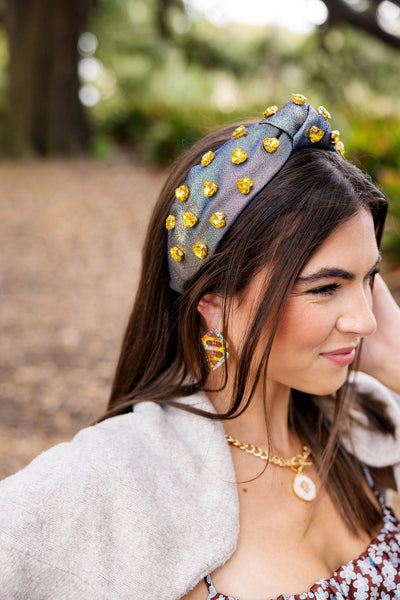 Gold and Navy Shimmer Headband with Gold Crystal Hearts