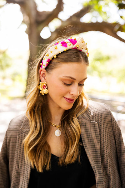 Adult Size Pink, Red & Ivory Headband with Gold Beads