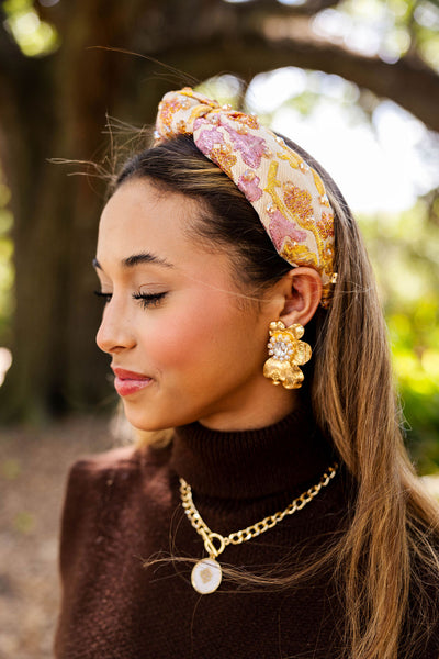 Golden Bloom Statement Earrings in White