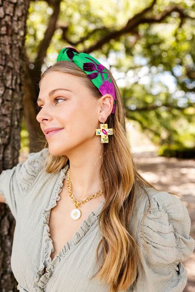 Hammered Gold Cross Earrings with Multicolored Jewels