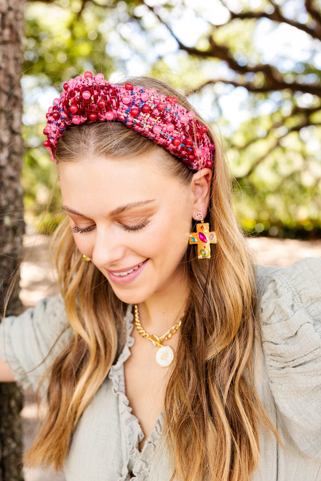 Hammered Gold Cross Earrings with Multicolored Jewels