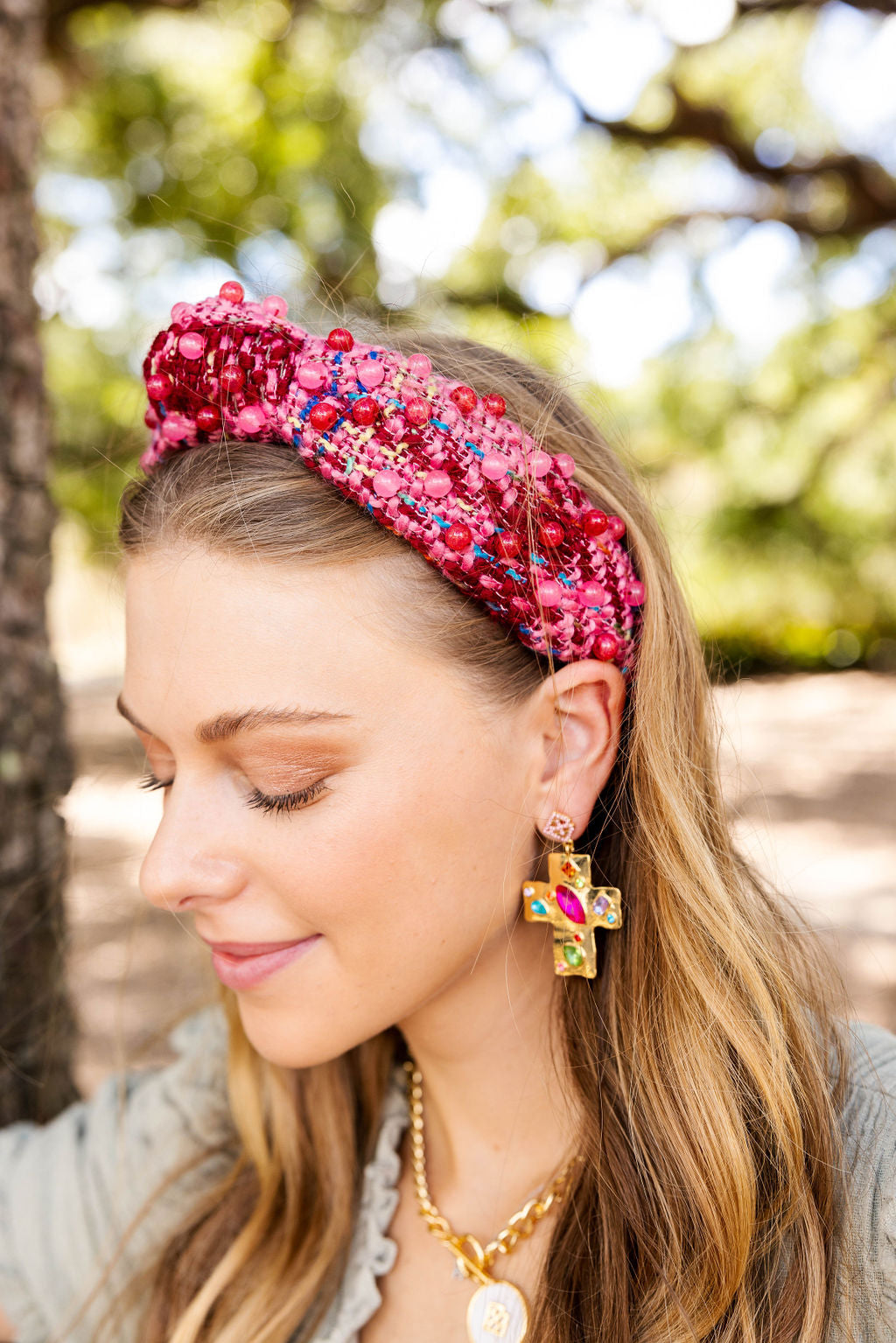 Hammered Gold Cross Earrings with Multicolored Jewels