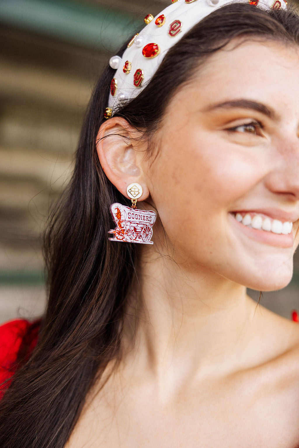 White and Crimson Glitter Sooner Schooner Earrings