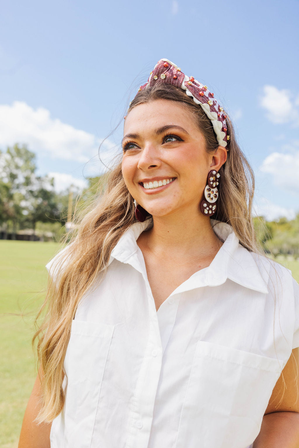 Maroon and White Triple Dot Earrings