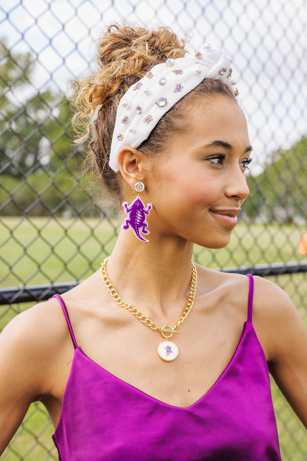 TCU Purple and White Horned Frog Earrings