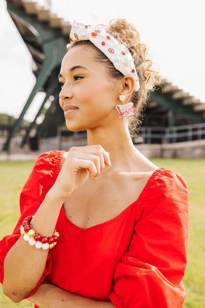 White and Crimson Glitter Sooner Schooner Earrings