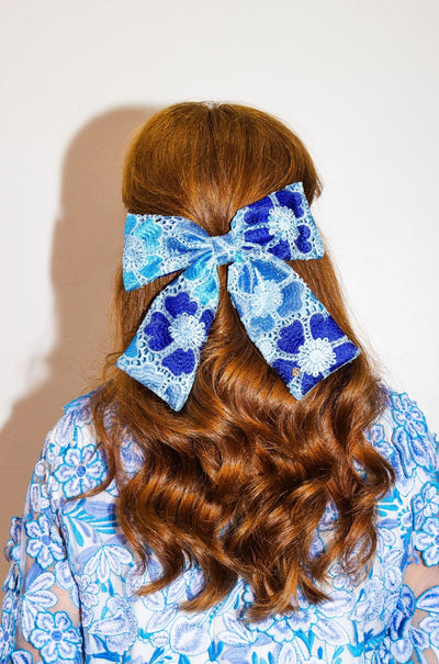 Blue Mosaic Lace Flowers Bow Barrette