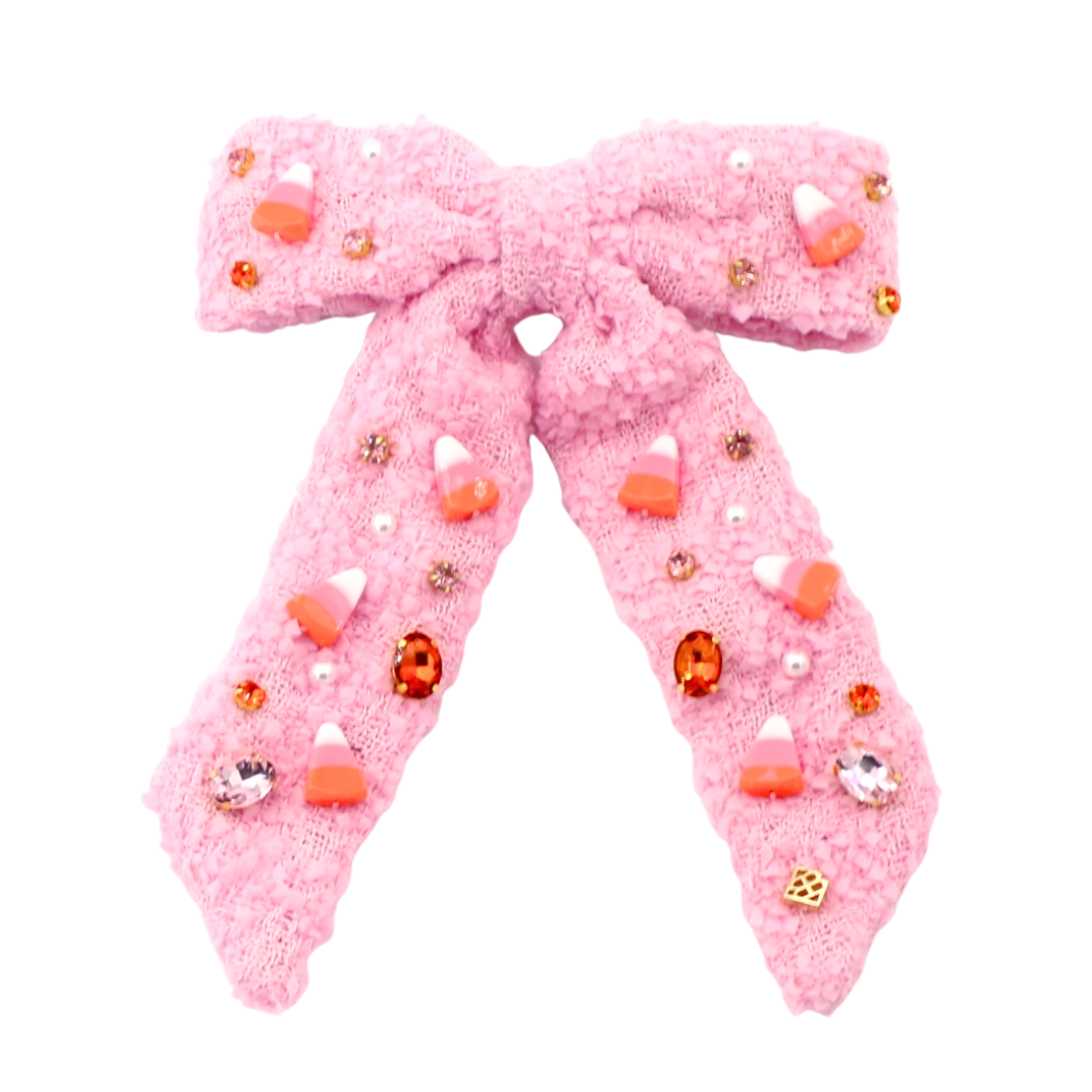 Pink Candy Corn Bow Barrette With Crystals