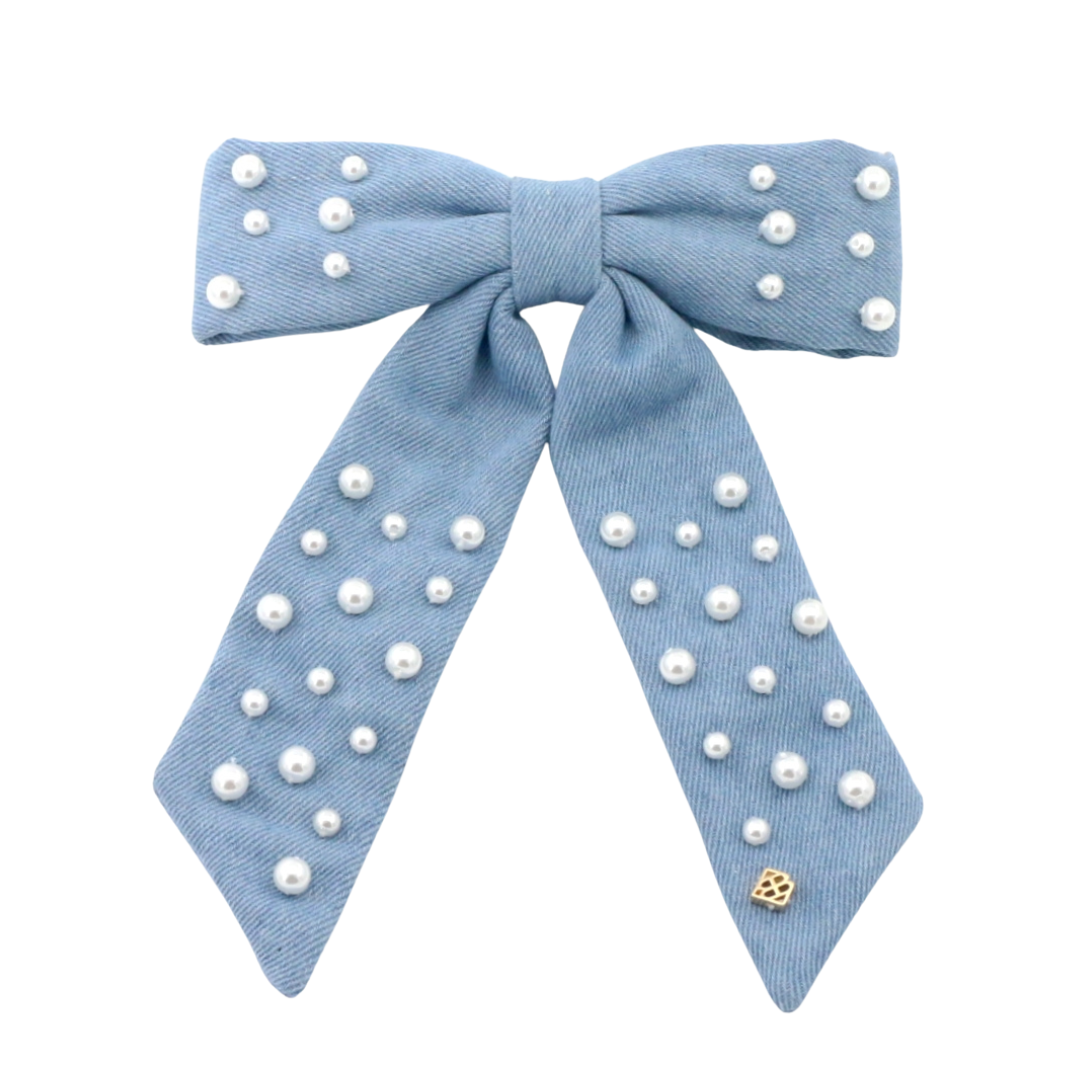 Denim & Pearl Bow Barrette