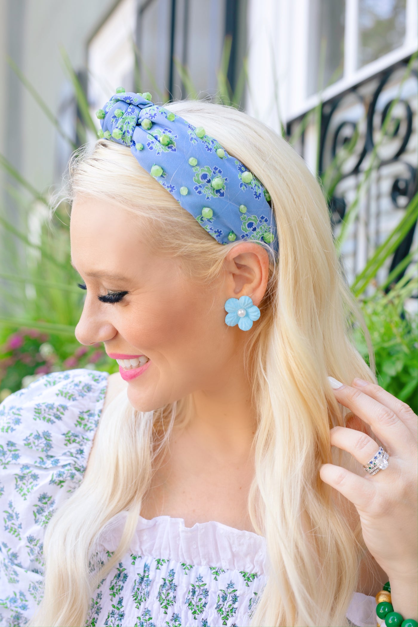 Cornflower Blue and Green Block Print Headband