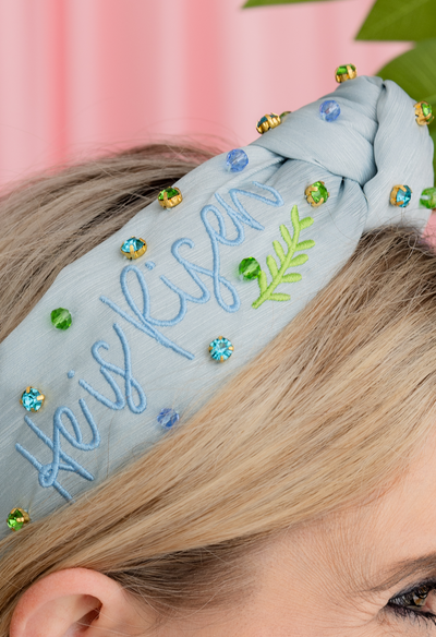 Adult Size Embroidered He is Risen Headband with Crystals