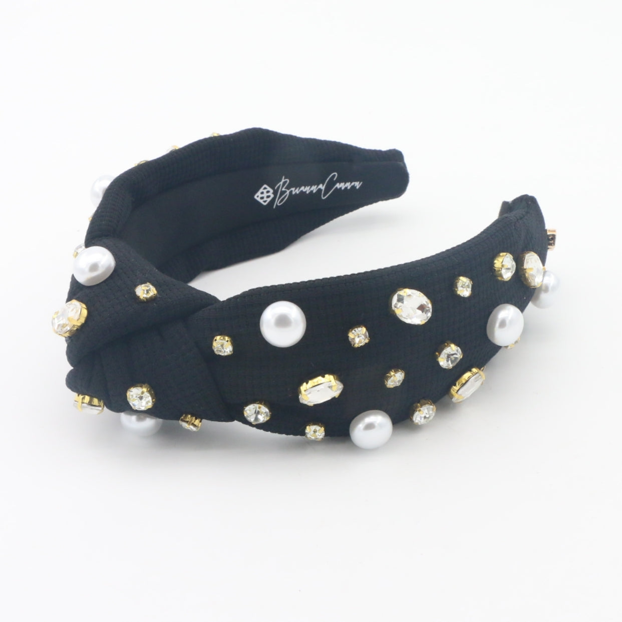 Black Twill Headband with Large Pearls and Crystals