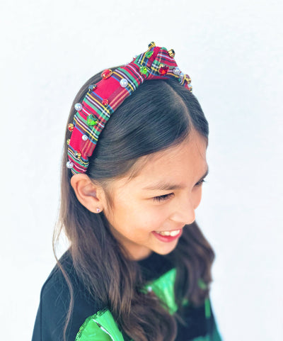 Child Size Tartan Plaid Headband with Crystals and Pearls