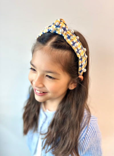 Child Size Gold & Navy Gingham PCA Logo Headband With Pearls