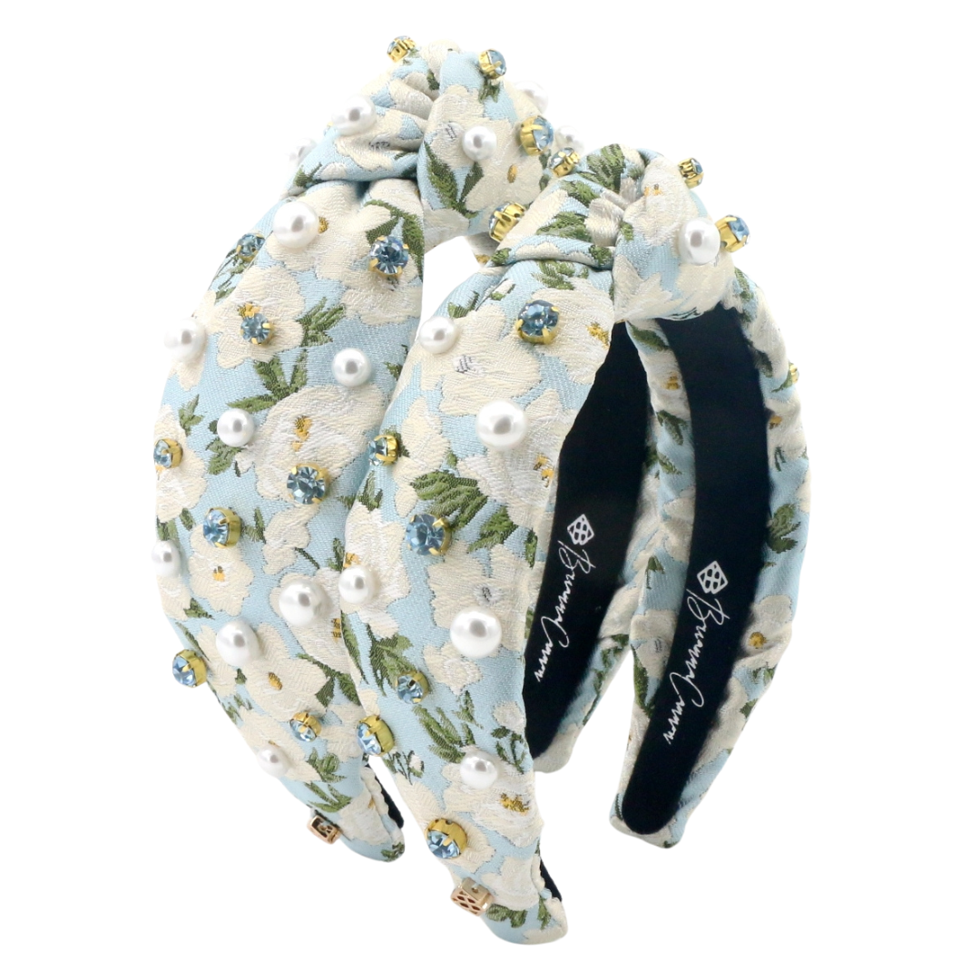 Child Size Light Blue & White Floral Headband with Crystals & Pearls