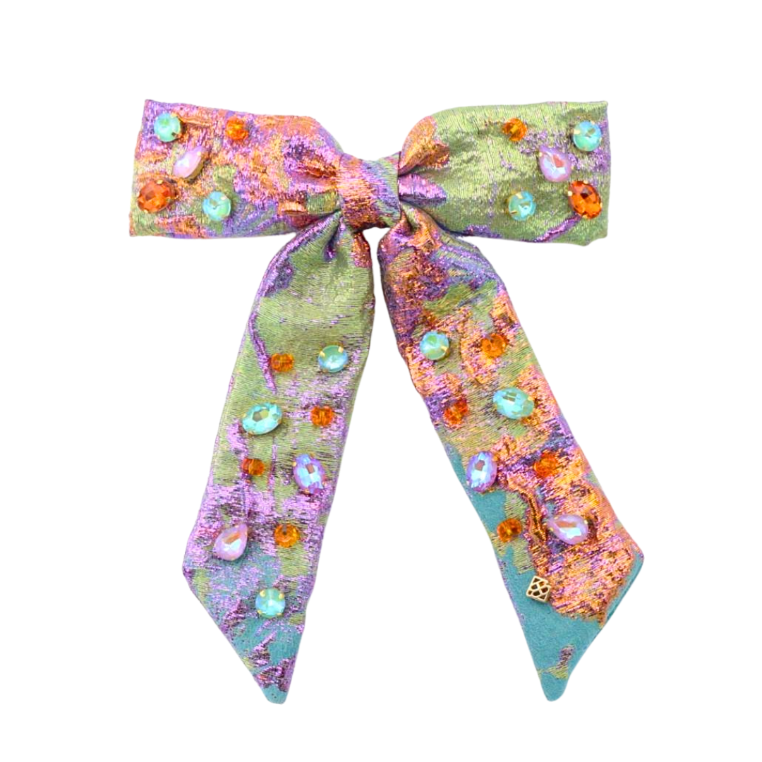 Metallic Iridescence Brocade Bow Barrette With Crystals