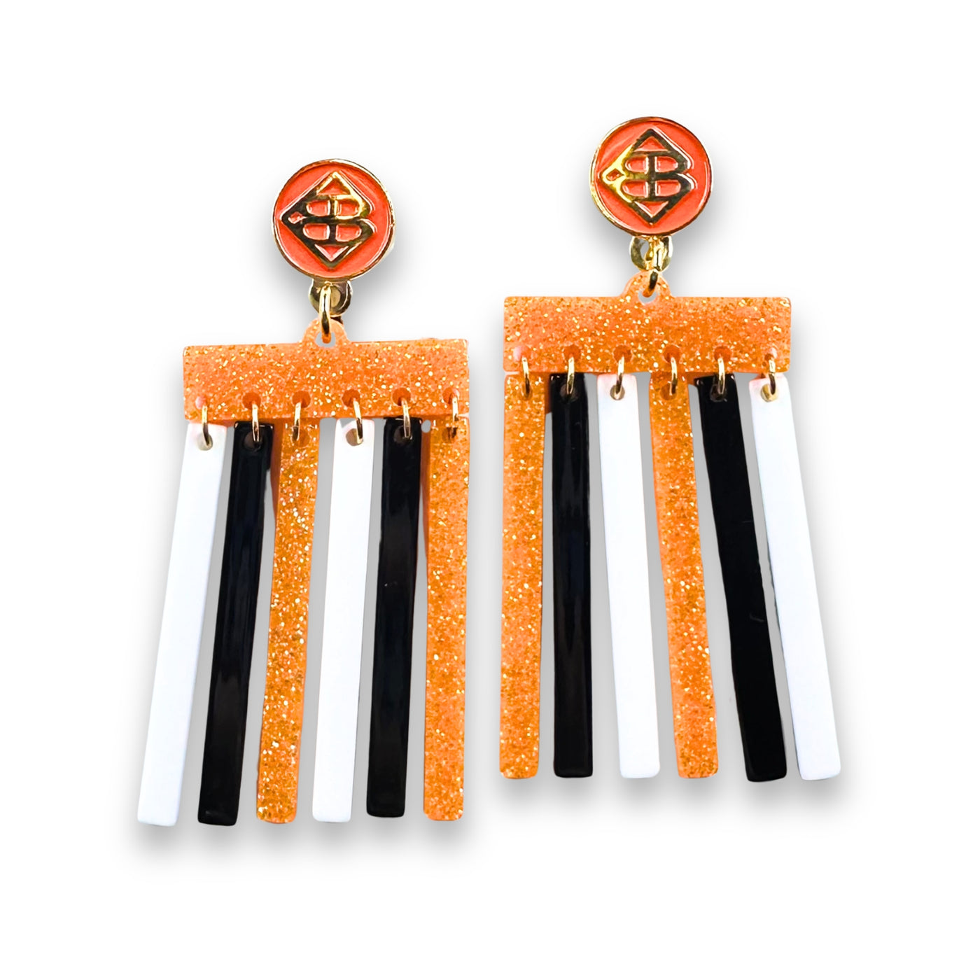 Orange Glitter, Black, and White Mod Dangle Earrings