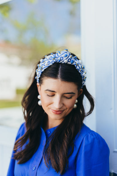 Adult Size Blue & White Mykonos Eyelet Headband