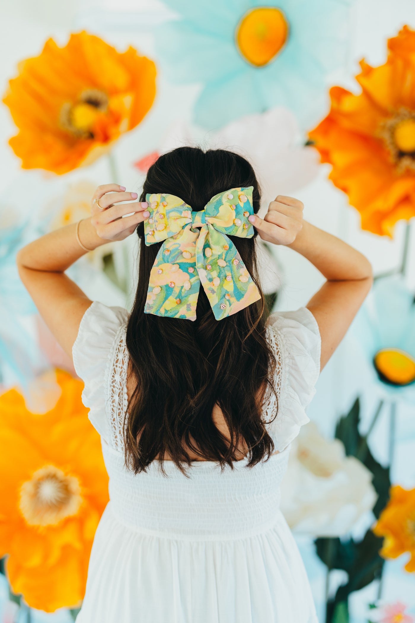 Peach & Green Floral Barrette Bow With Cabochons & Crystals