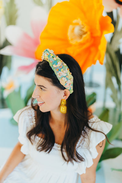 Adult Size Peach & Green Floral Headband With Cabochons & Crystals