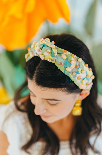 Adult Size Peach & Green Floral Headband With Cabochons & Crystals