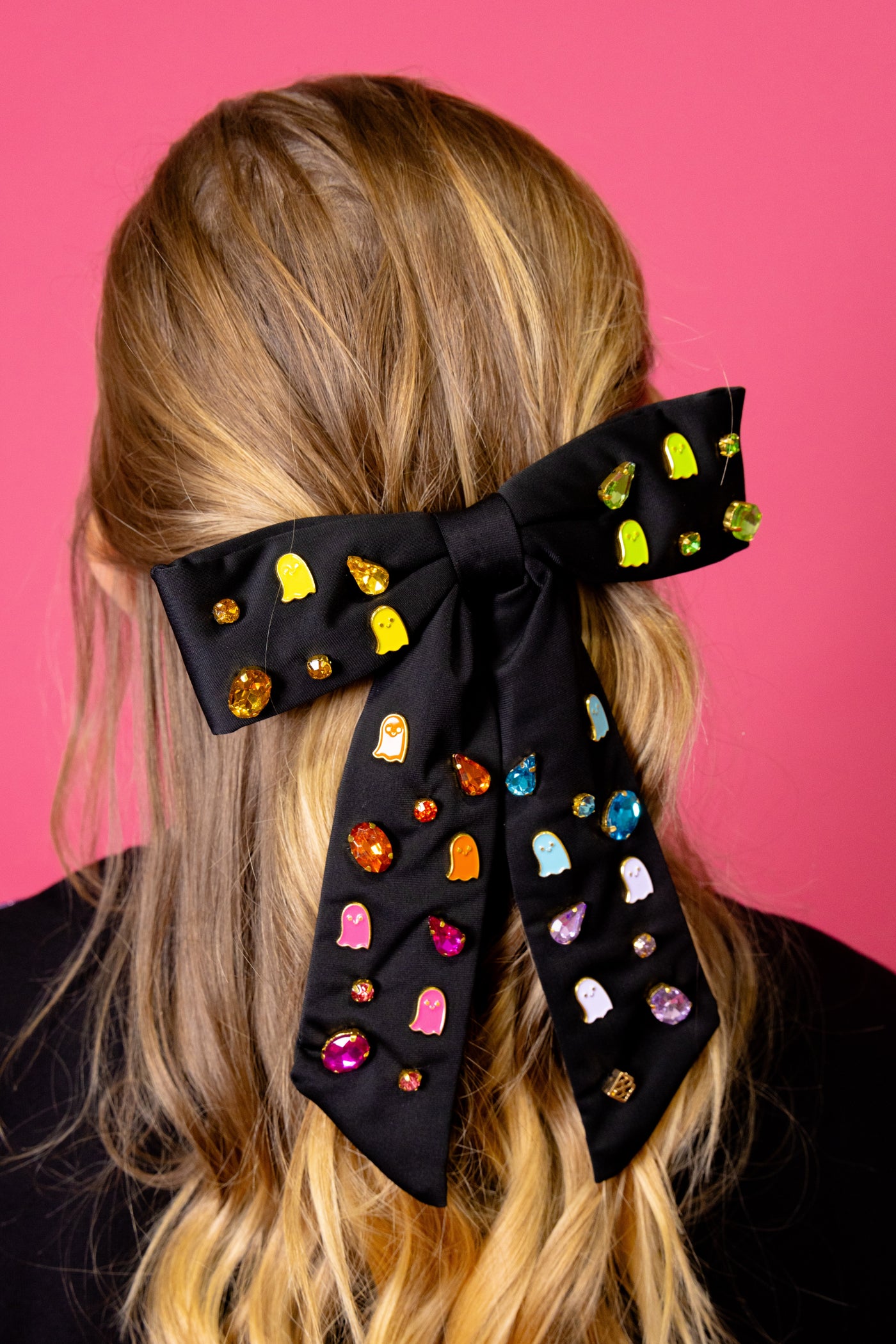 Black Bow Barrette With Neon Ghosts & Crystals