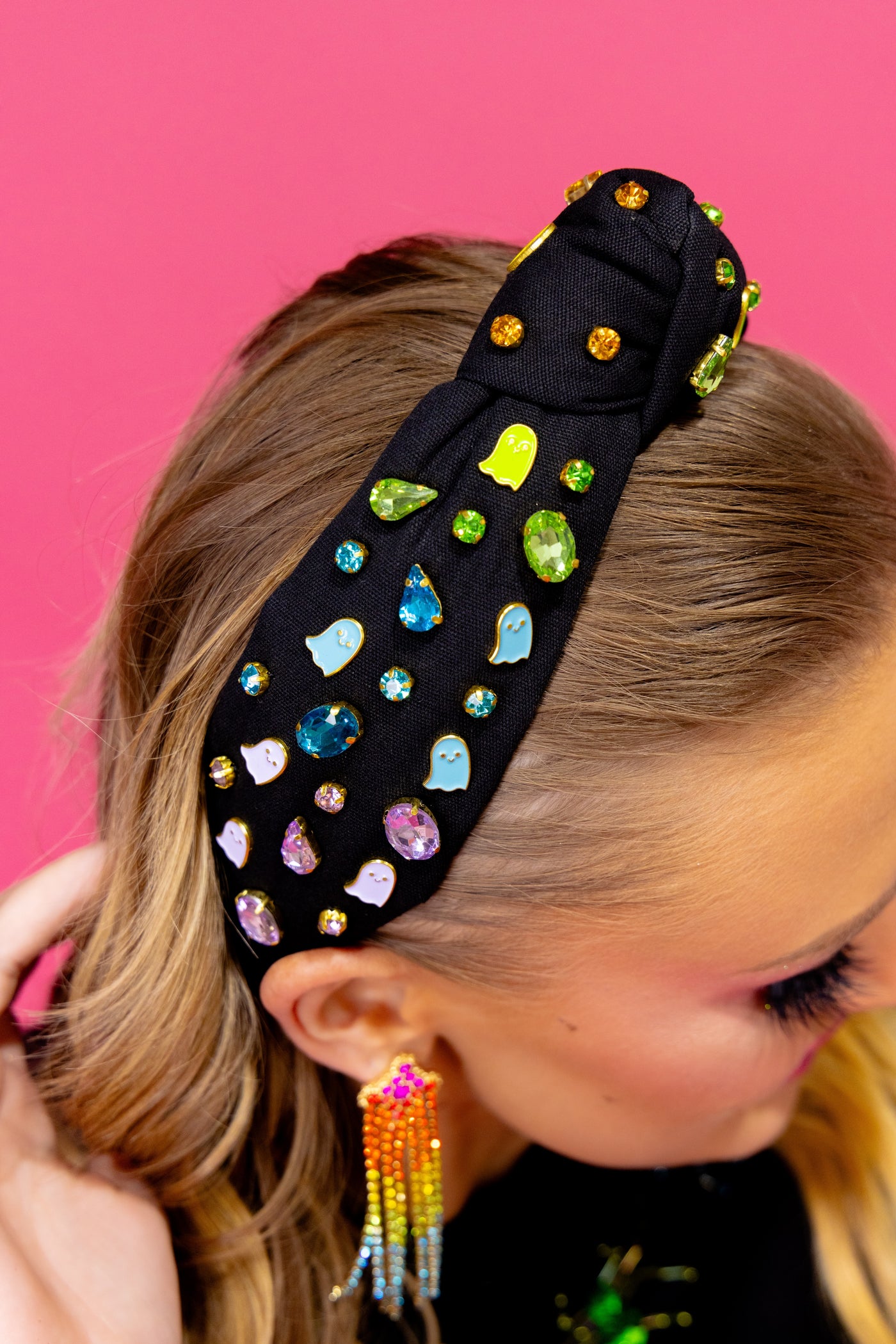 Adult Size Black Headband with Neon Ghosts & Crystals