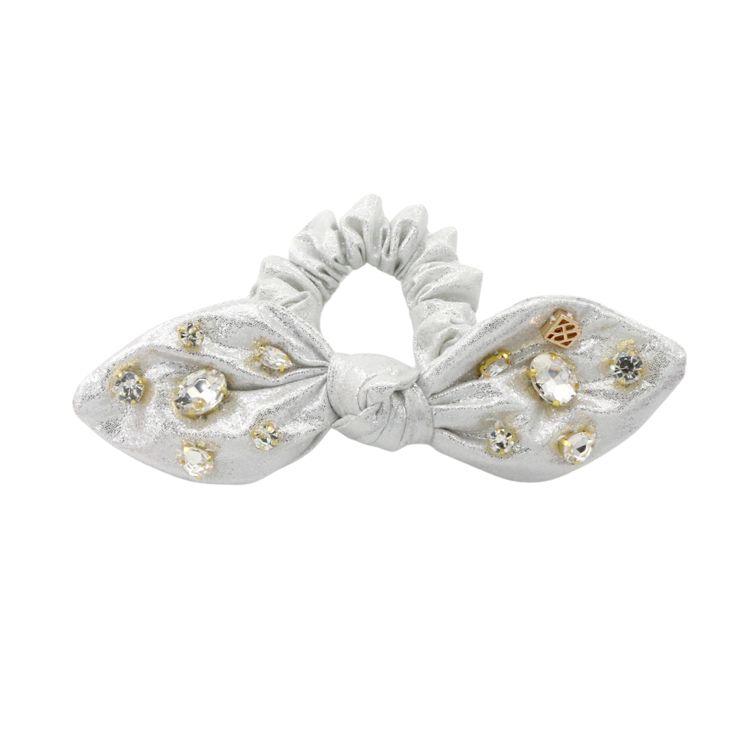 Shimmer Bow Scrunchie with Hand Sewn Crystals in Silver