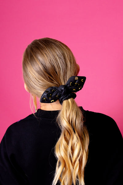 Shimmer Bow Scrunchie with Hand Sewn Crystals in Black