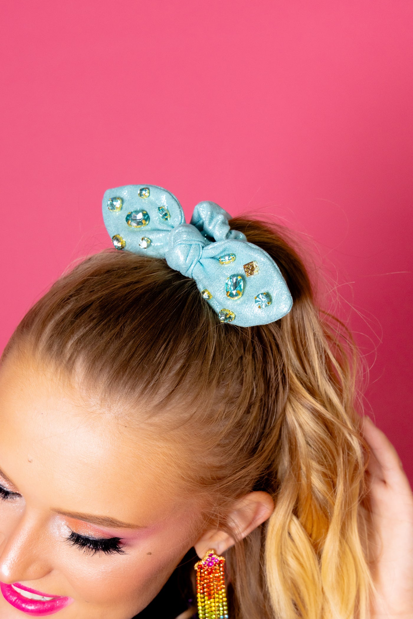 Shimmer Bow Scrunchie with Hand Sewn Crystals in Blue